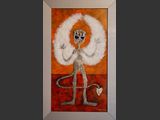 Angel
Fl�ssigmetallbild,
Zinn, Acryl, Entenfedern auf Stahlplatte.
Ma�e: B 69 H 108 cm